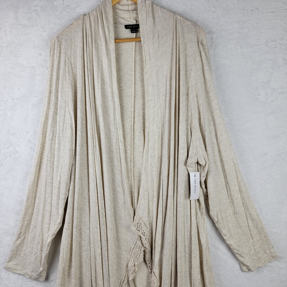 Lane Bryant Long Cardigan Womens Size 22 24 Open Front Lace Trim Beige NWT - Picture 4 of 10